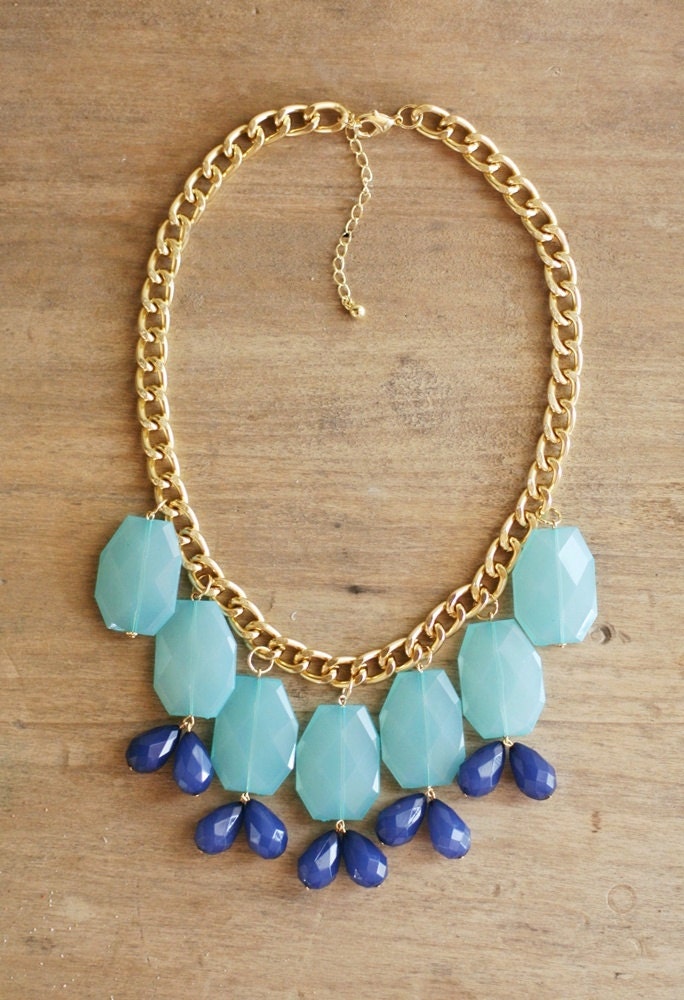 Turquoise Blue and Navy Statement Necklace on Chunky Gold Chain