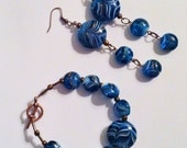 Teal Blue Earring Bracelet Set - Round Glass Dangle Earrings - Bead Unique Jewelry - Copper Jewelry