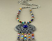 Multicolor Boho Pendant Large Silver Medallion Fringe Necklace Cobalt Bohemian Hippie Love Beads 70s Fashion Jewelry Statement Free Shipping