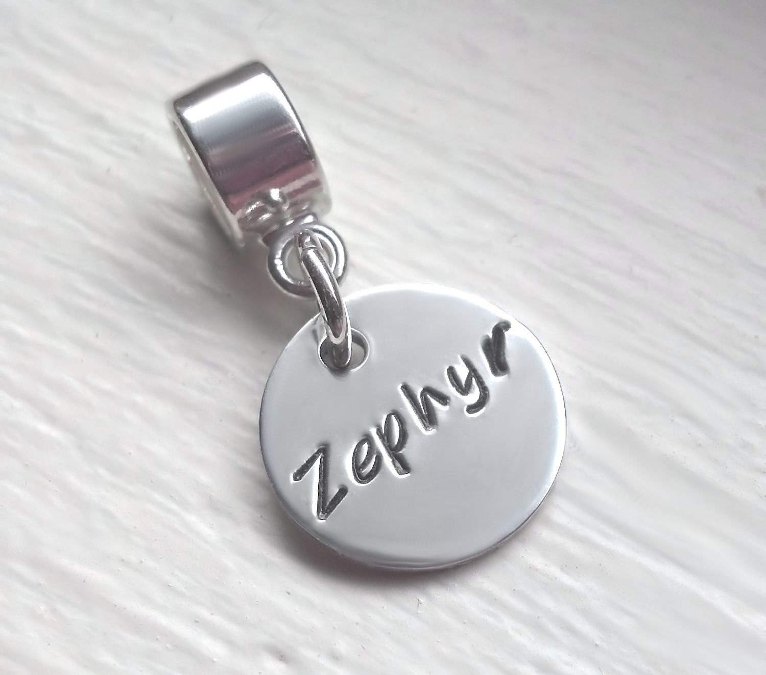 Personalized Charm Bead Sterling Silver Small Round Hand Stamped Fits Most Brands of European Bead Bracelets