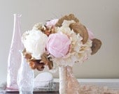 Fall wedding 2013 bouquet of mushroom, woodroses, hydrangea and cream handmade fabric peony