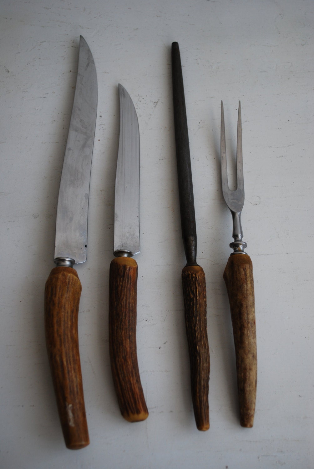 Vintage Antler Handle Carving Set - Knife Knives Fork Sharpener Old Deer Collectable Kitchen Kitchenware Decor Cabin Home Decoration