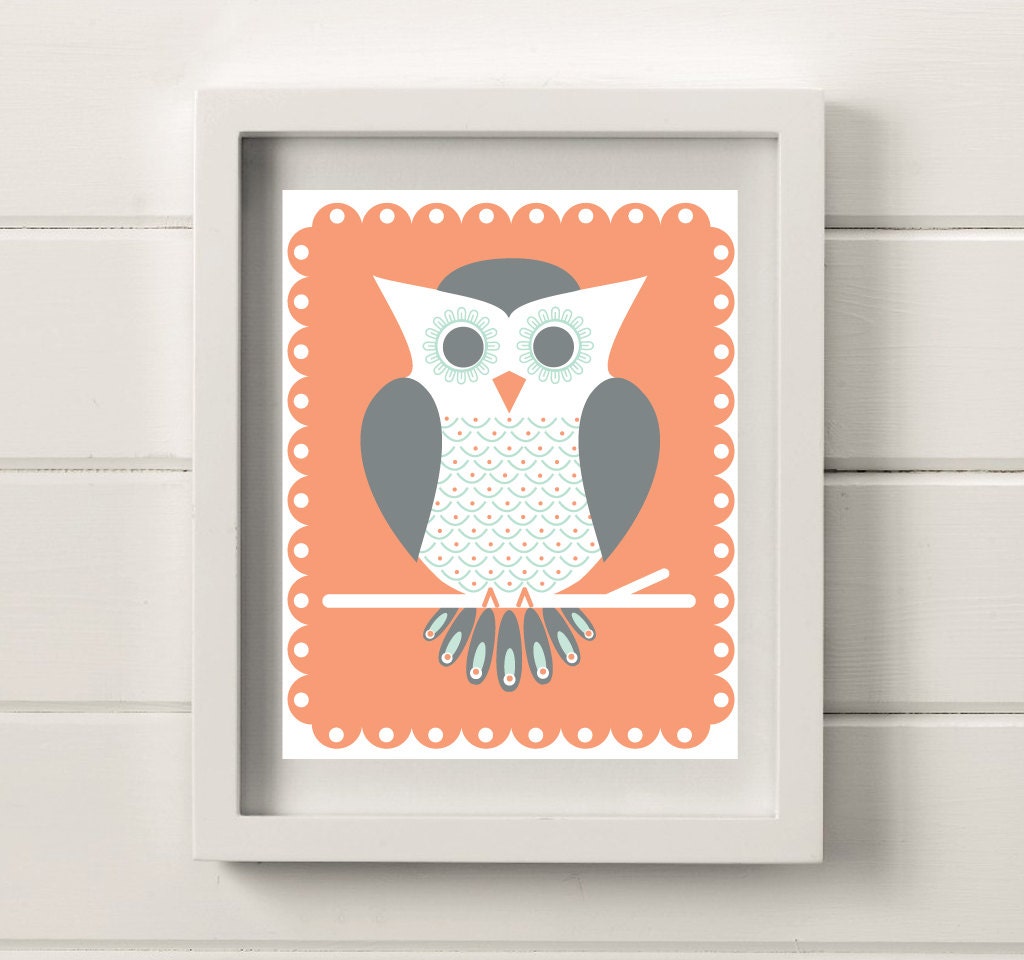 Owl Illustration, Kids 8x10 Poster, Coral & Grey
