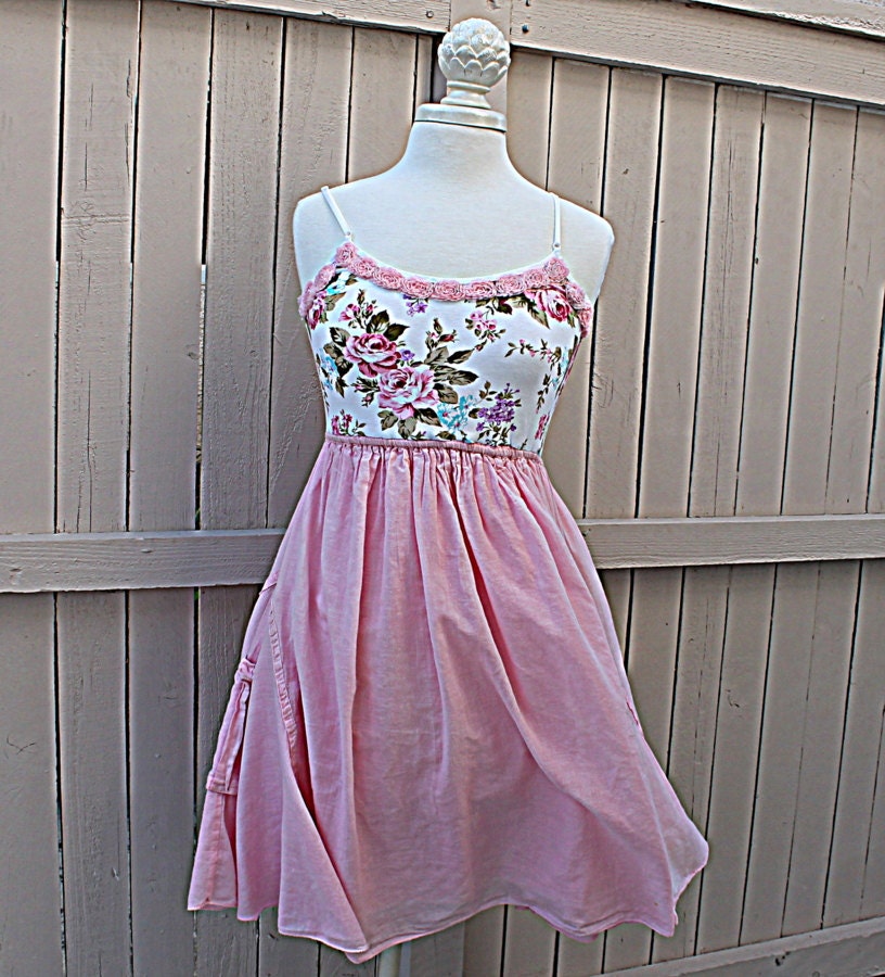 Upcyled Women's Cottage Chic Dress / Ladies Romantic Pink Tank Top / Babydoll