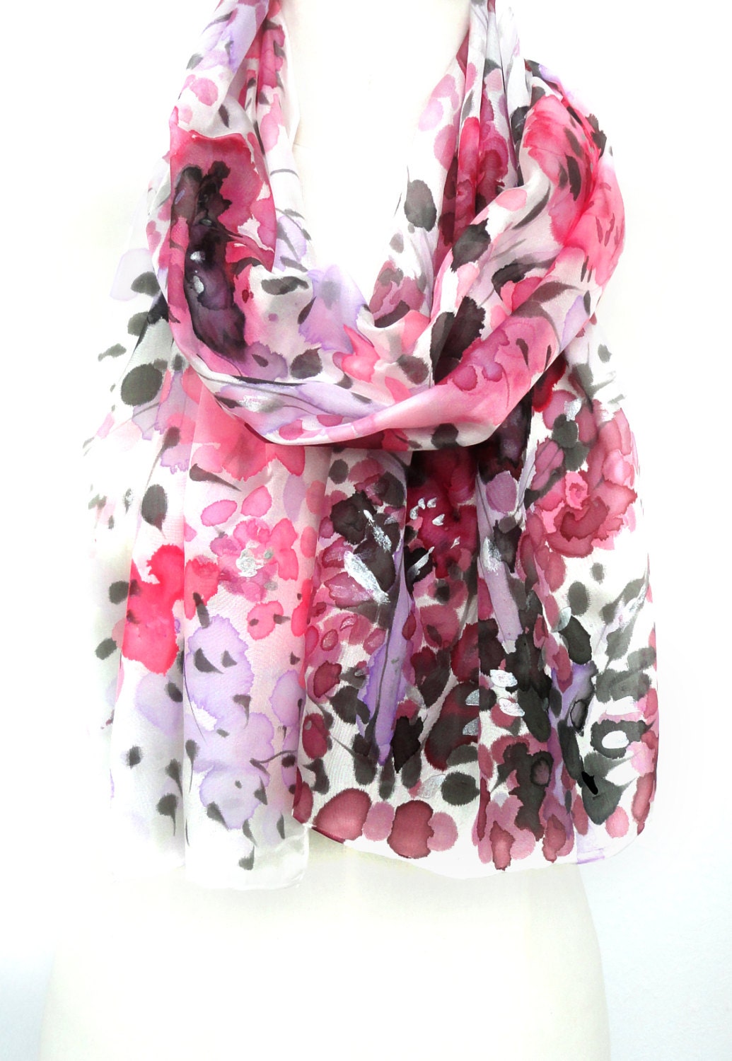 Floral Silk Scarf. Cherries Shawl. Hand Painted Women Scarf. Gift for Her. Byzantium, Coral Pink Scarf. 14x71in. (35x180cm). Ready2Ship.