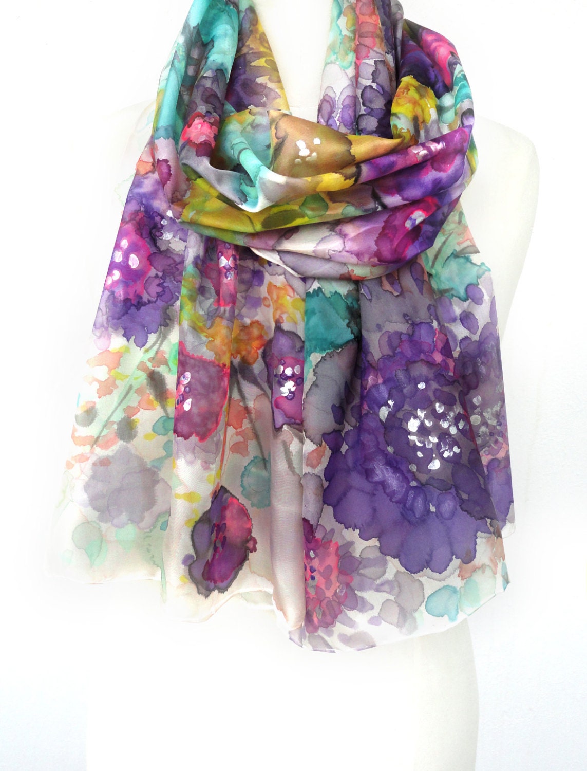 Multicolour silk Scarf. Hand Painted Silk Shawl. Echarpe Foulard. Purple Shawl. Floral Gift for Her. 18x71 in. (45x180 cm). Ready2Ship.