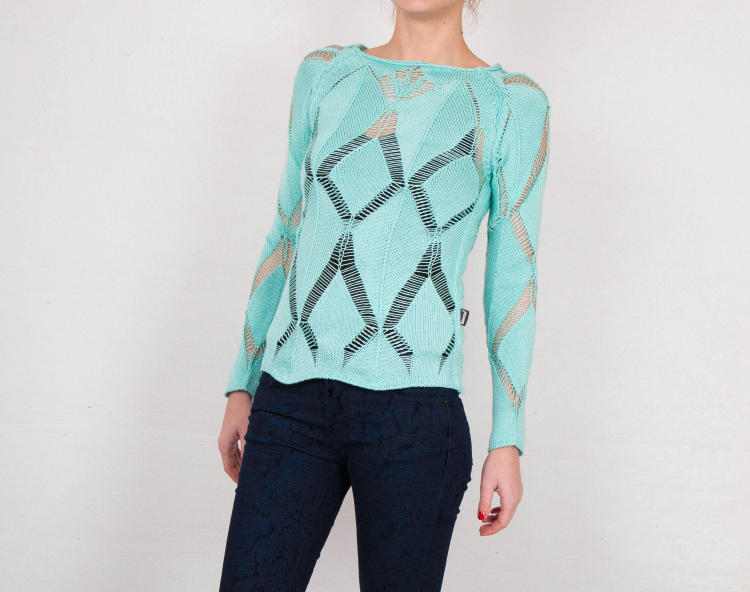 20% SALE Vintage knit mint top cut out geometric sheer women size small