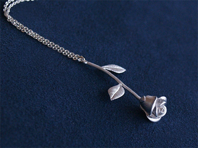 Silver Rose Necklace - Rose Stem Pendant on Sterling Silver Chain - Anniversary Gift, Bridesmaid Jewelry, Gift for Her