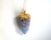24k Gold Dipped Spirit Quartz Long Necklace. Aqua Aura, Cactus Quartz, Druzy Necklace