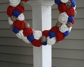 Patriotic Jute Yarn Wreath/Burlap Flowers/Roses/Yarn Stars/Striped Burlap Ribbon/Spring/Summer