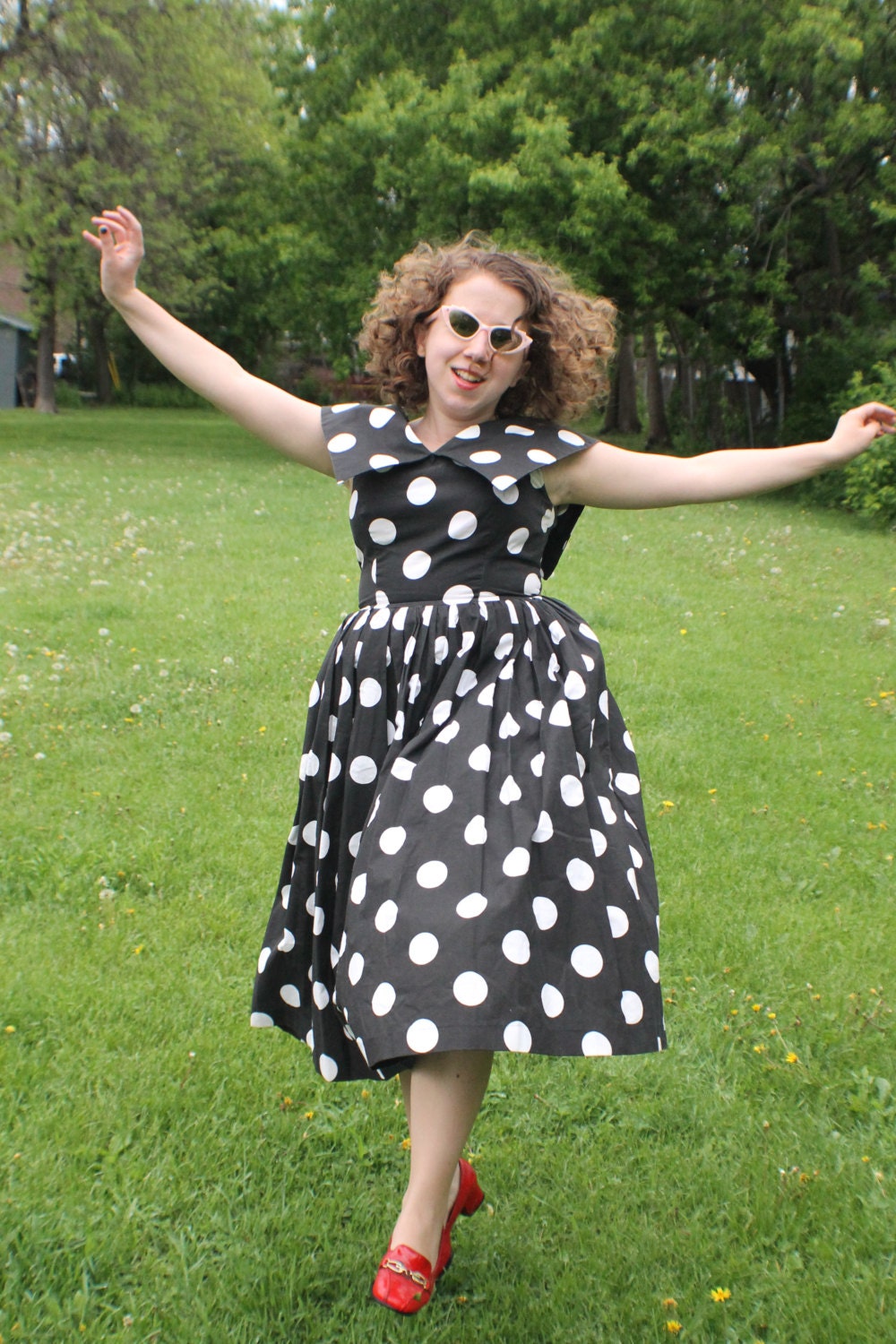 Black and White Polka Dot Party Dress/ New Look/ '80s Does '50s/ Algo-Ettes/ Oversized Cutaway Collar/ M Medium