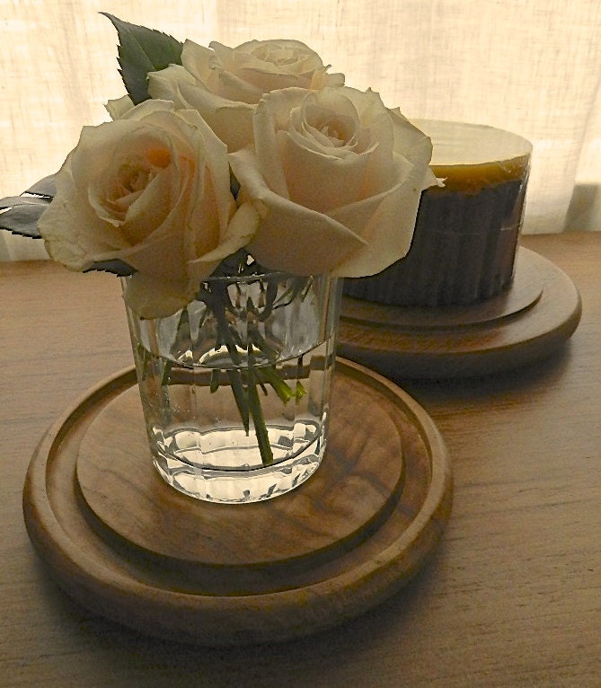 vintage wood trivets w/candle.teak.plant stand.coffee table.kitchen.coastal cottage decor