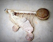 Silver Maple Wing with Moon Stone and White Translucent Beach Pebble Brooch