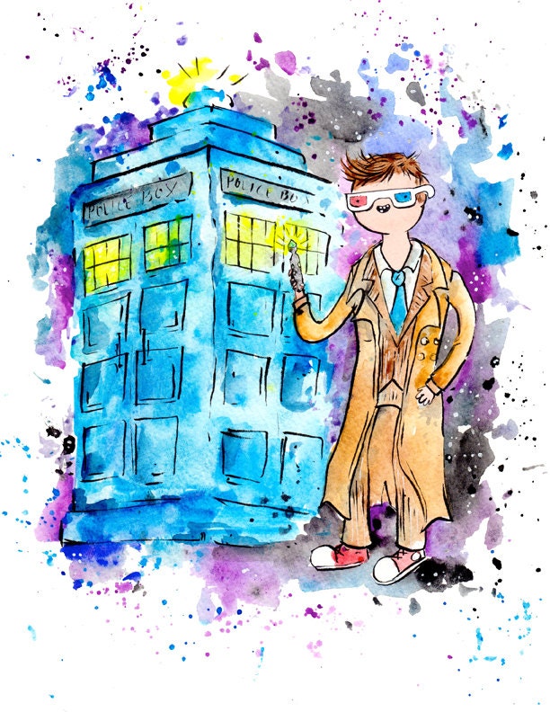 Doctor Who Print, 10th Doctor and Tardis Print David Tennant 8.5x11 inch inkjet print