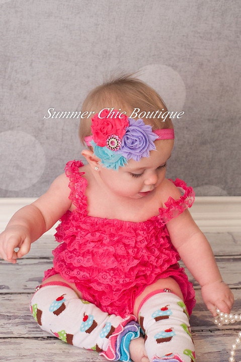 Baby Headband, Infant Headband, Toddler Headband, Girls Headband, Shabby Chic Headband - Bright Pink, Lavender, and Aqua