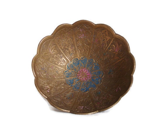 Vintage brass bowl, enamel BLUE & PINK. Coffee table display, home decor, Trinket dish, jewelry holder, Embossed flowers, handmade metalware