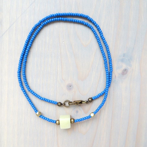 Delicate Seed Bead Necklace Jade Cube Brass Beads Blue Czech Glass