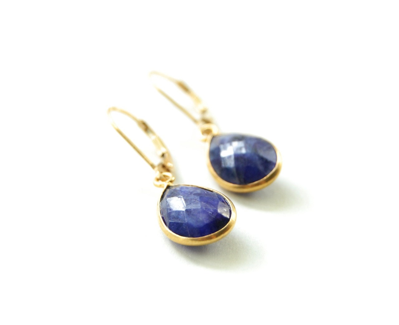 Keha earrings -  gold blue sapphire teardrop earrings, bezel drop earrings, gold dangle earrings, hanging drop earrings, september, hawaii