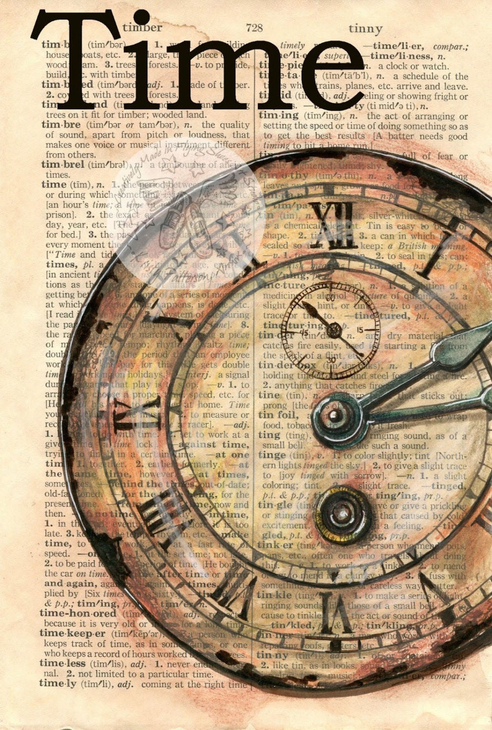 PRINT:  Clock Face "Time" Mixed Media Drawing on Distressed, Dictionary Page