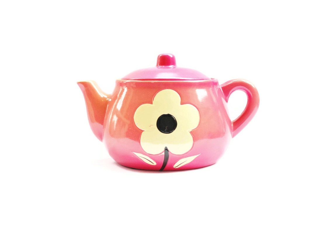 Coral Pink Ombre Teapot Mod Funky Flower Ceramic 70s