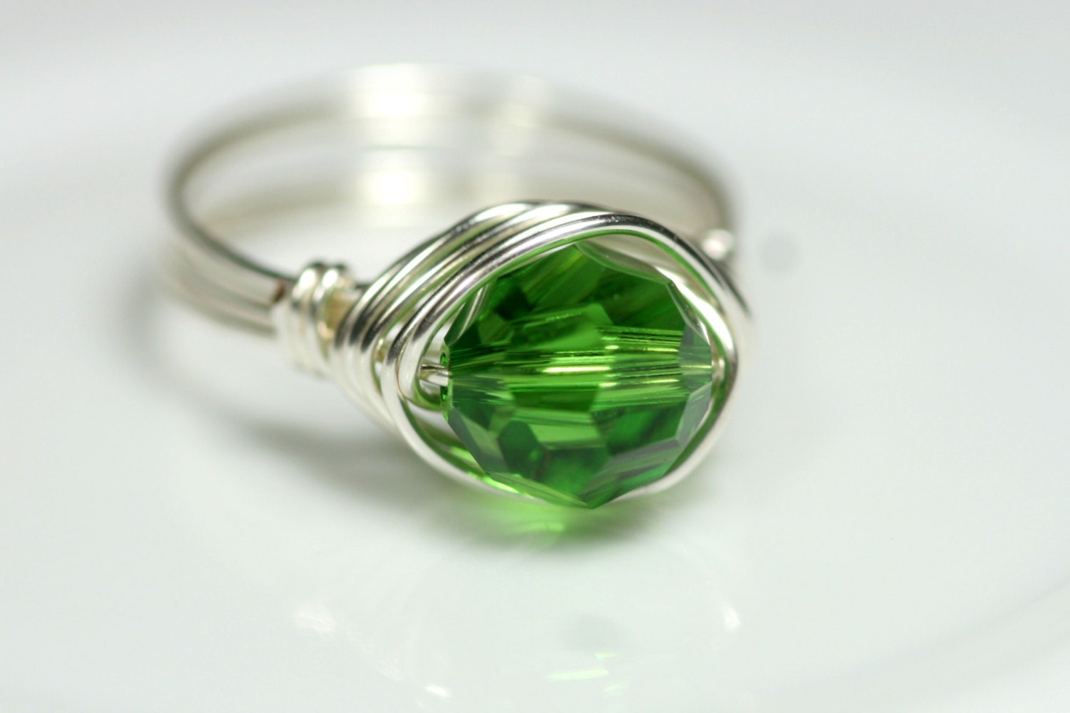 Green Ring Swarovski Ring Wire Wrapped Jewelry Handmade Sterling Silver Jewelry Handmade Swarovski Crystal Jewelry Green Crystal Ring