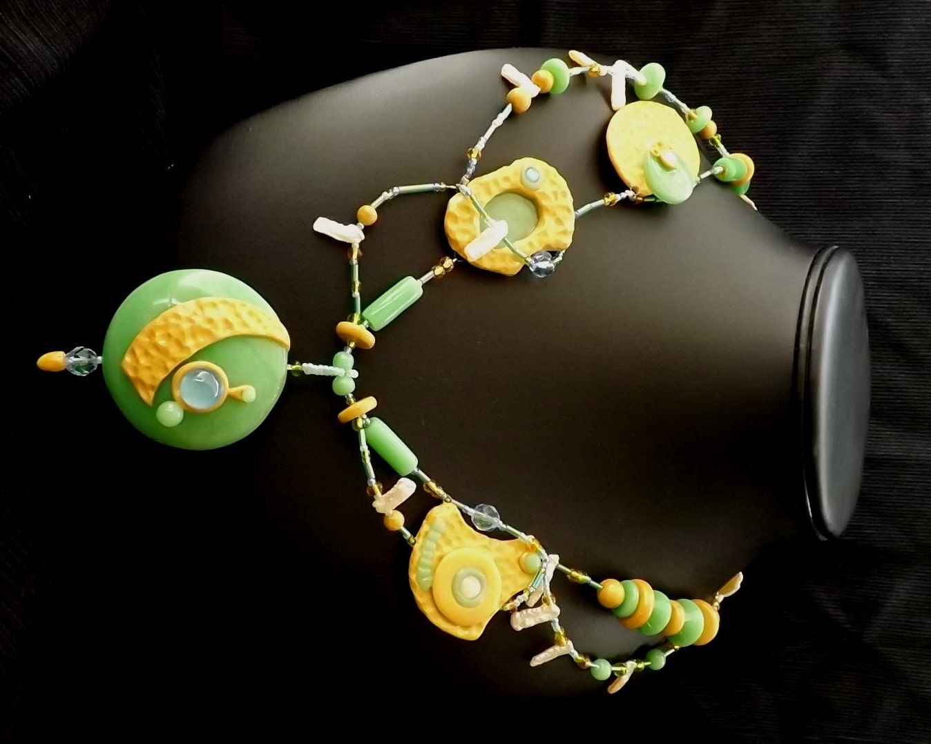 Faux Jade and Faux Hammered 18K Wearable Art Polymer Clay-Mixed Media Necklace