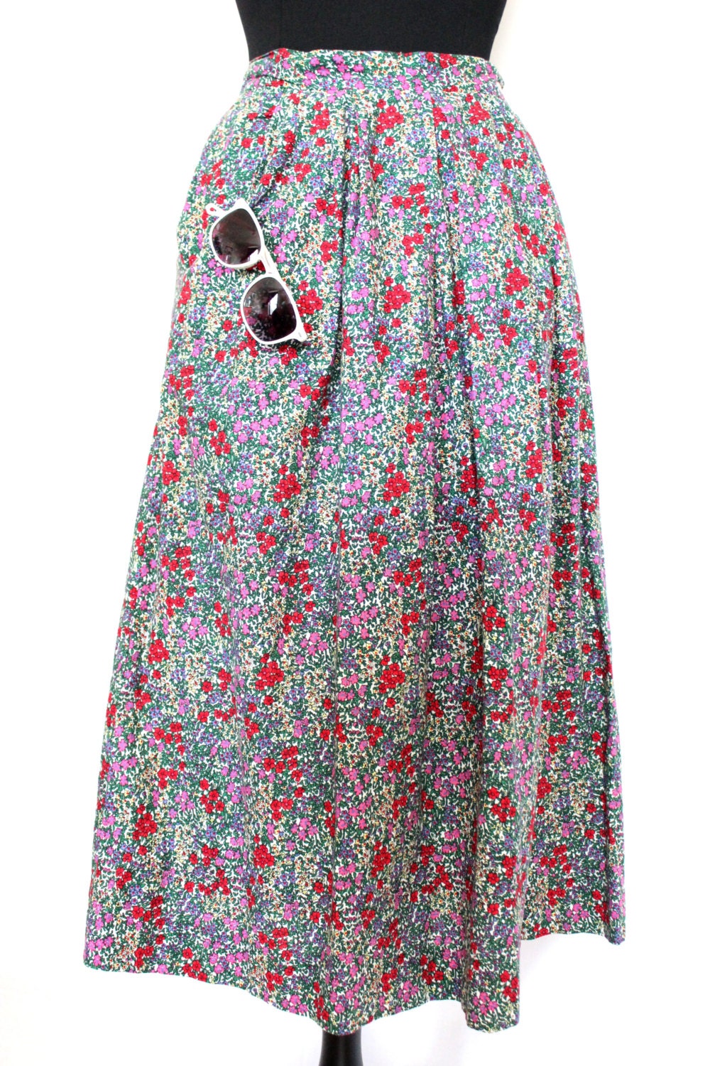 Vintage Cotton Skirt, Red Purple, Floral Print, Pockets, Medium, Womens Clothing, Summer, Knee Length Skirt