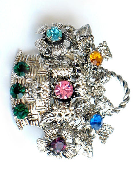 Czechoslovakia Flower Basket Brooch Vintage Collectable Jewelry 1950s Rhinestone Filigree Pin Summer Spring Signed Beauty