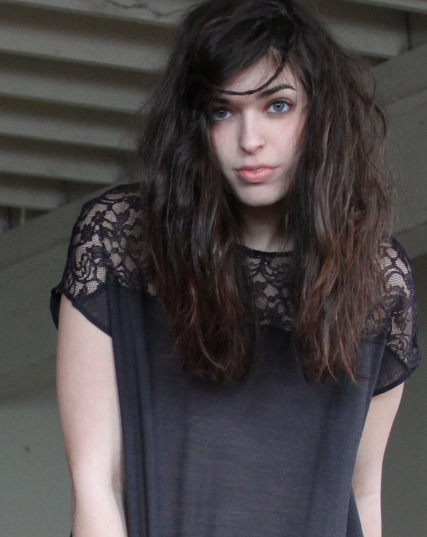 Sheer lace tunic - extra long with hi low hem, dark storm grey soft grunge clothing for women - small