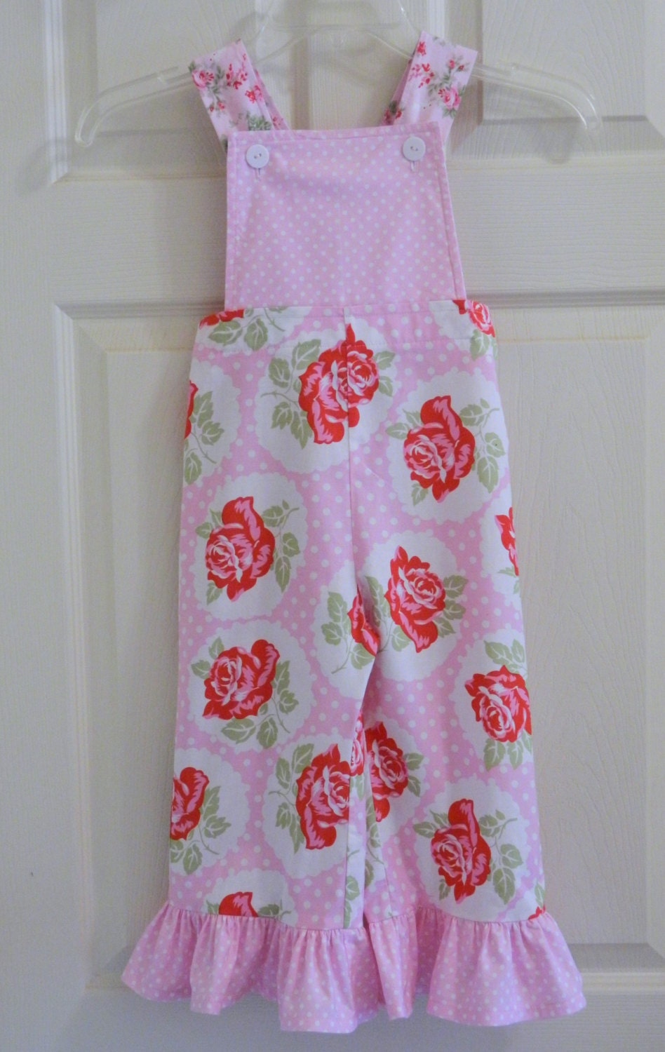 Girls overalls romper ruffled cropped pink polka vintage style polka dot size 3 3T / 4 4T ready to ship.