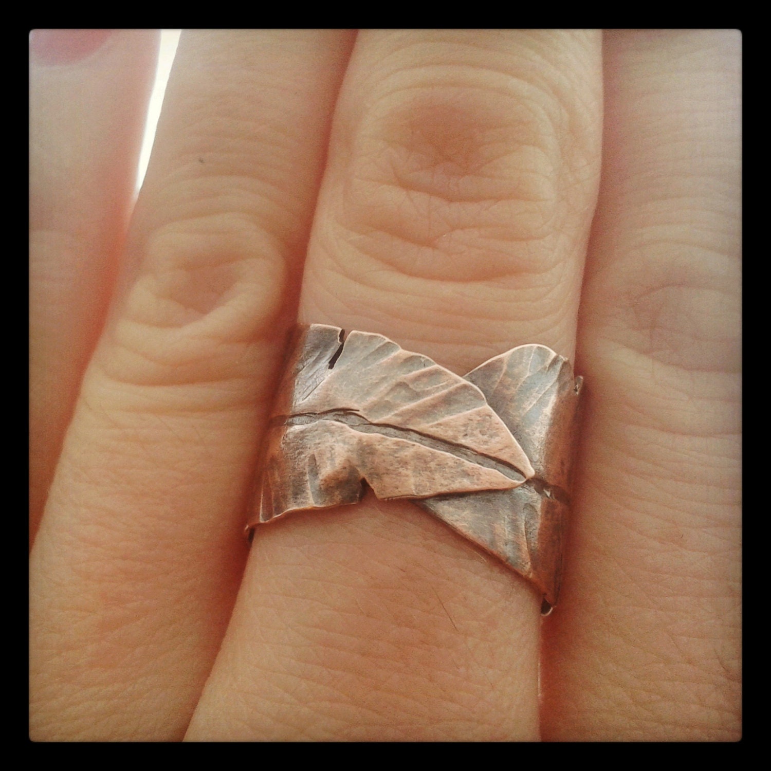 Copper Feather Ring - Copper Leaf Ring - Wrap around wide band ring