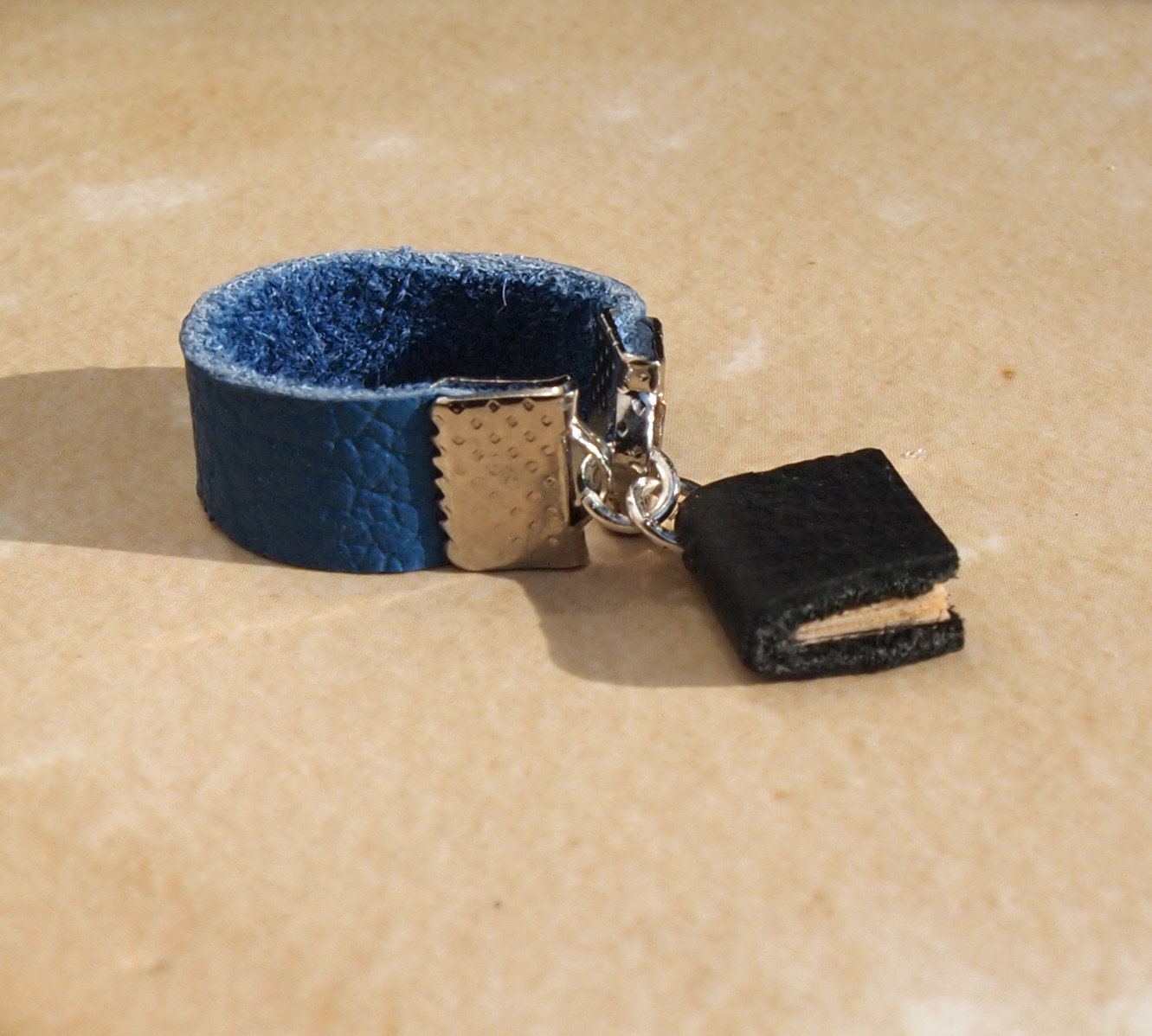 Tiny Leather Book Ring Blue Black 4.5-5.5
