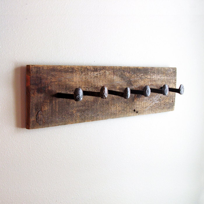 Rustic coat rack, wall hanger with 6 railroad spike hooks, 30" x 8" barnwood towel rack