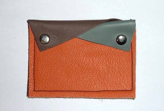 Leather Handmade Stitched Coin Purse Wallet Colour Block Bright Orange Taupe Blue Upcycled Reclaimed Geometric