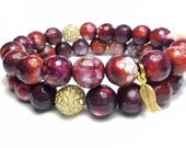 Magenta Crab Agate Beaded Bracelet with Gold Tulip Flower Charm and Pave Rhinestone Charm Stretch Gemstone Bracelet