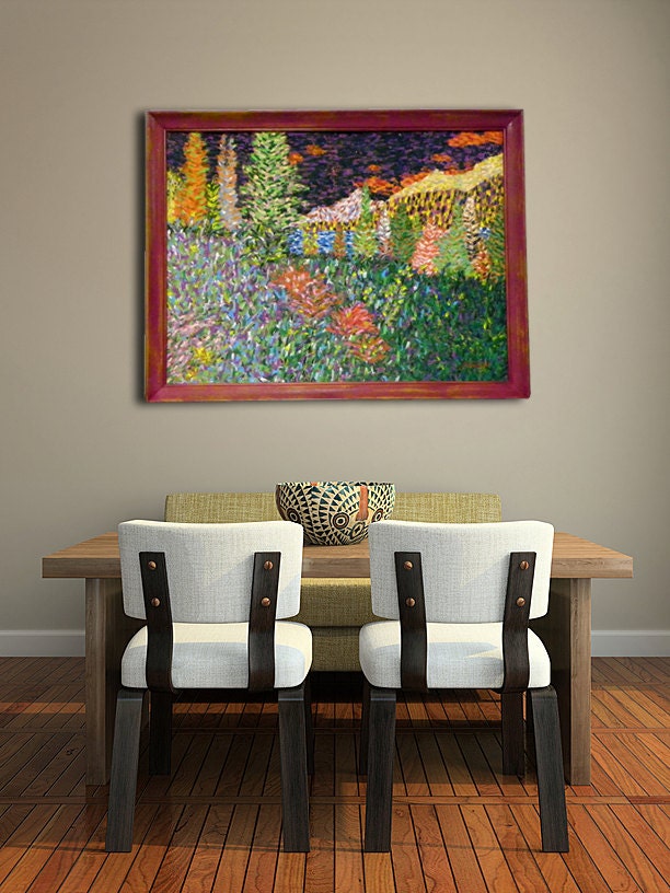 Original Landscape Painting -  Abstract Painting -  Large Flowers, Mountains & Trees -  Burgundy Framed Pastel Pointillism Painting
