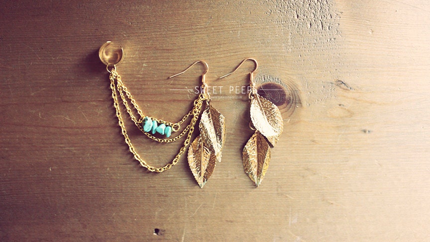 Gold Exotic Dangling Leaves  Ear Cuff Set with Delicate Turquoise Stones
