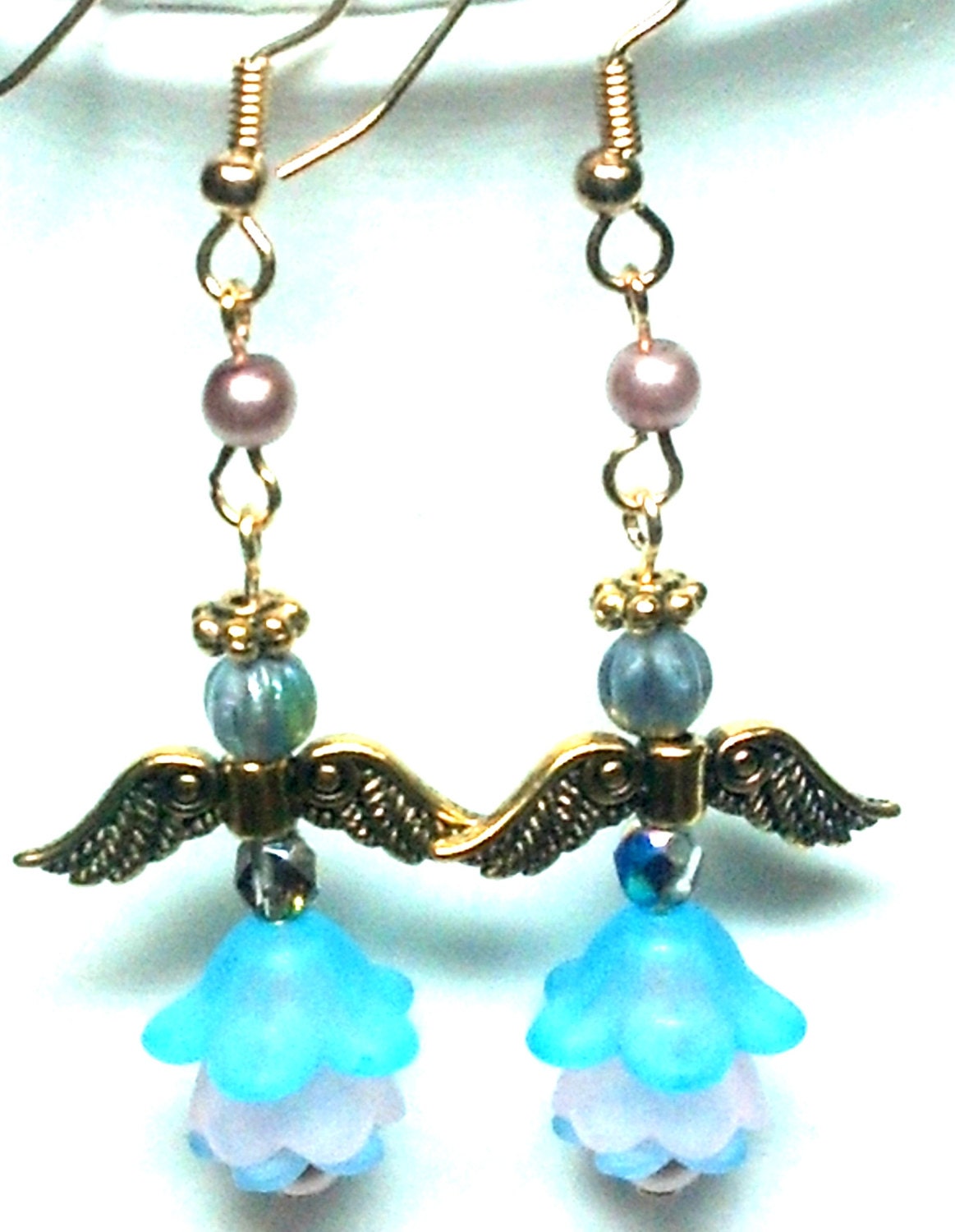 Blue and Pink Flower Angel Earrings, Jewelry, Etsy, Handmade, Handcrafted, Angels, Earrings, Gift for her, Gift idea, Sale,
