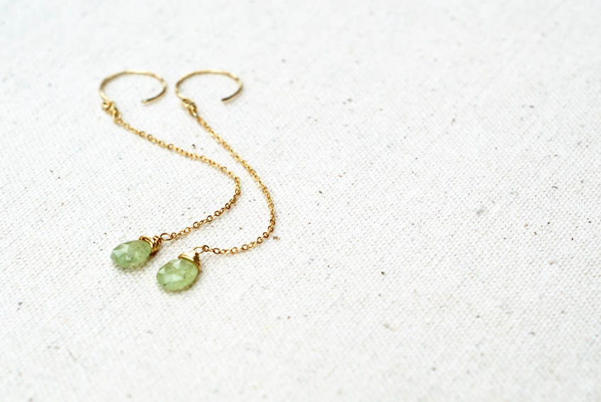 dulcet... gold garnet earrings / green grossular garnet & 14k gold filled chain dangle earrings / for her
