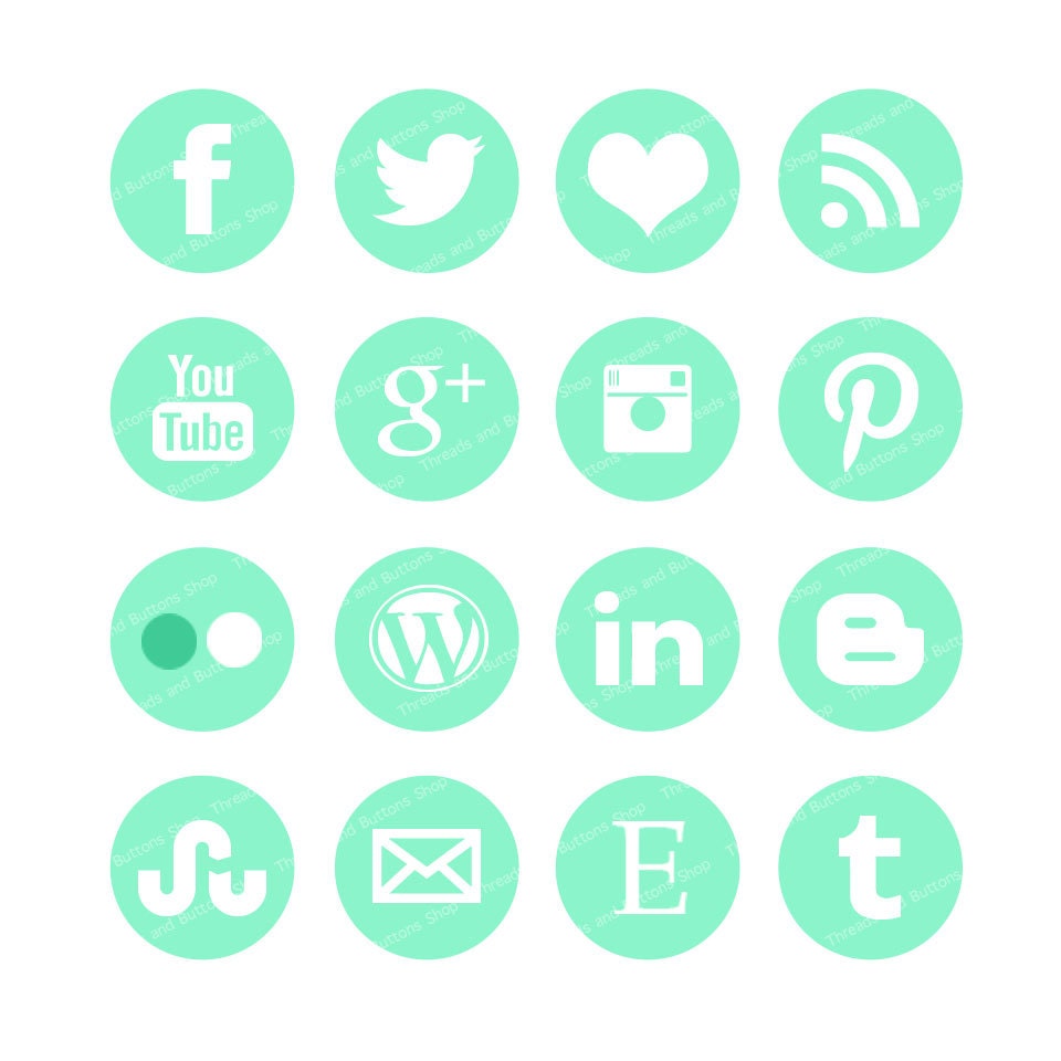 16 Piece Mint Blog / Web Button Set: Social Media Buttons to Help Your Corner of the Web Look More Unique