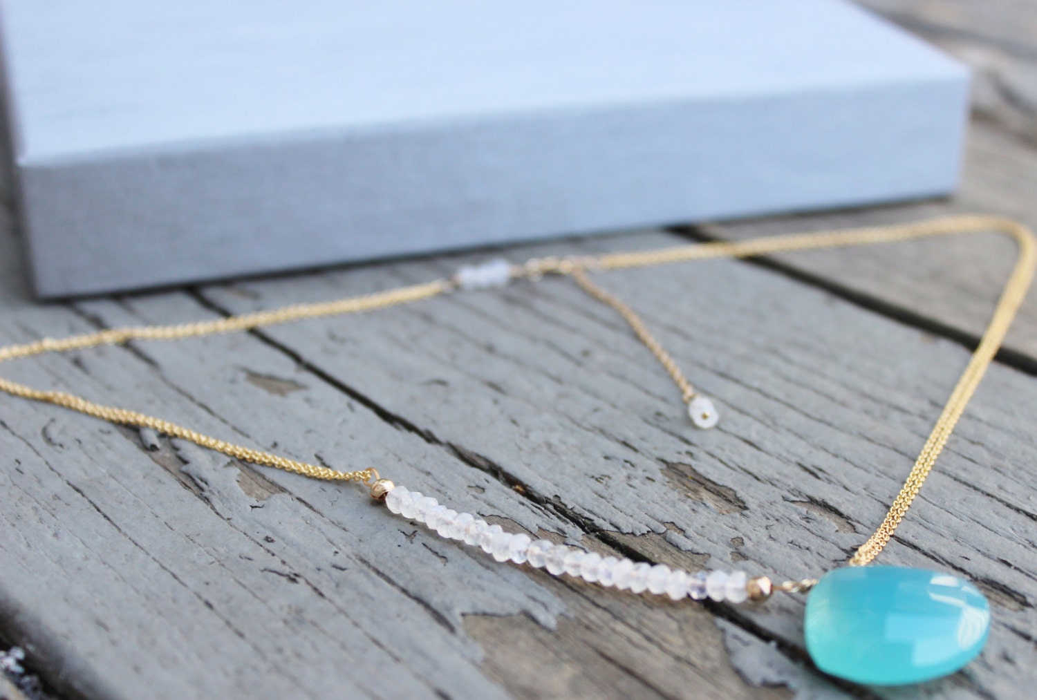 Gold Filled Necklace - Aqua Chalcedony Necklace - Moonstone Necklace - Gemstone Necklace- Blue faceted heart briolette Necklace