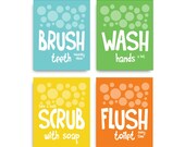 Childrens Kids Bathroom Art Print Set of (4) 5" x 7" Fine Art Home Decor  Blue Green Yellow Orange Rumpelstiltskin Font
