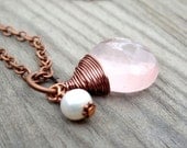 Copper Love Pink Rose Quartz wire wrapped pendant with pearl charm necklace