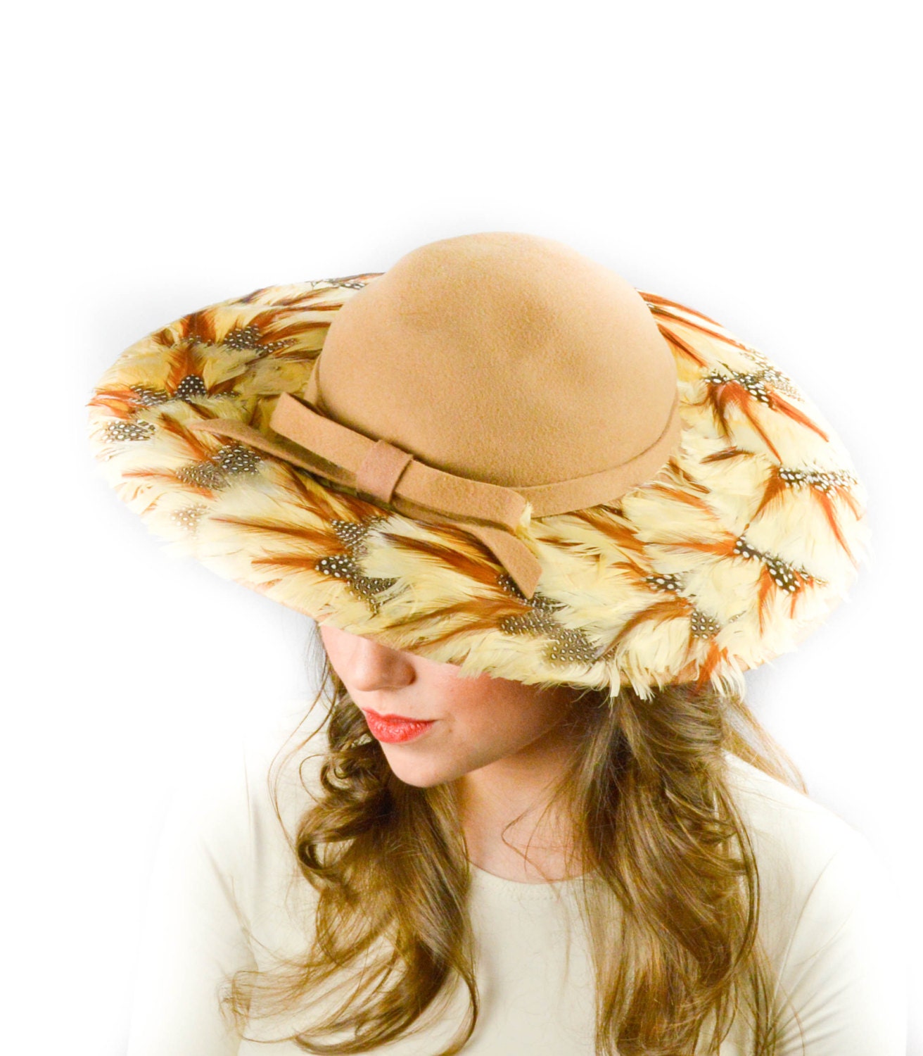 Vintage 1950s Hat: 50s Wide Brim Kentucky Derby Ascot Hat, Feather Brim Wedding Hat
