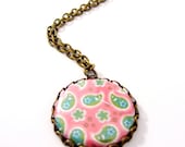 Paisley Button Necklace, Pink & Green Paisley, Antiqued Brass Necklace