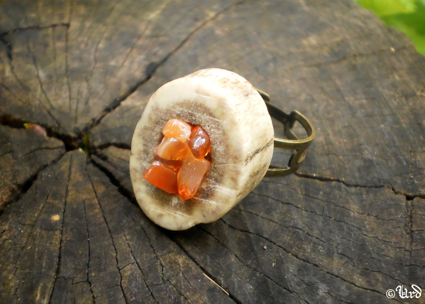Deer antler ring with carnelian - natural jewelry - adjustable, carneol, antique brass base, hand made, pagan, OOAK - ready to ship