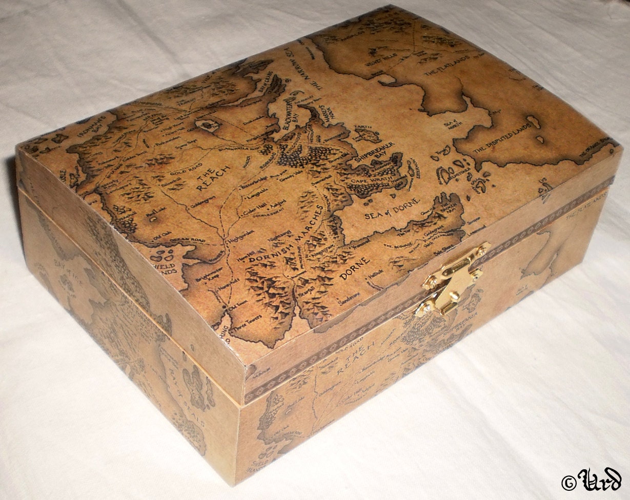Game of Thrones wooden box - beige Westeros map decoupage - large jewelry or keepsake box - fantasy, OOAK, custom made