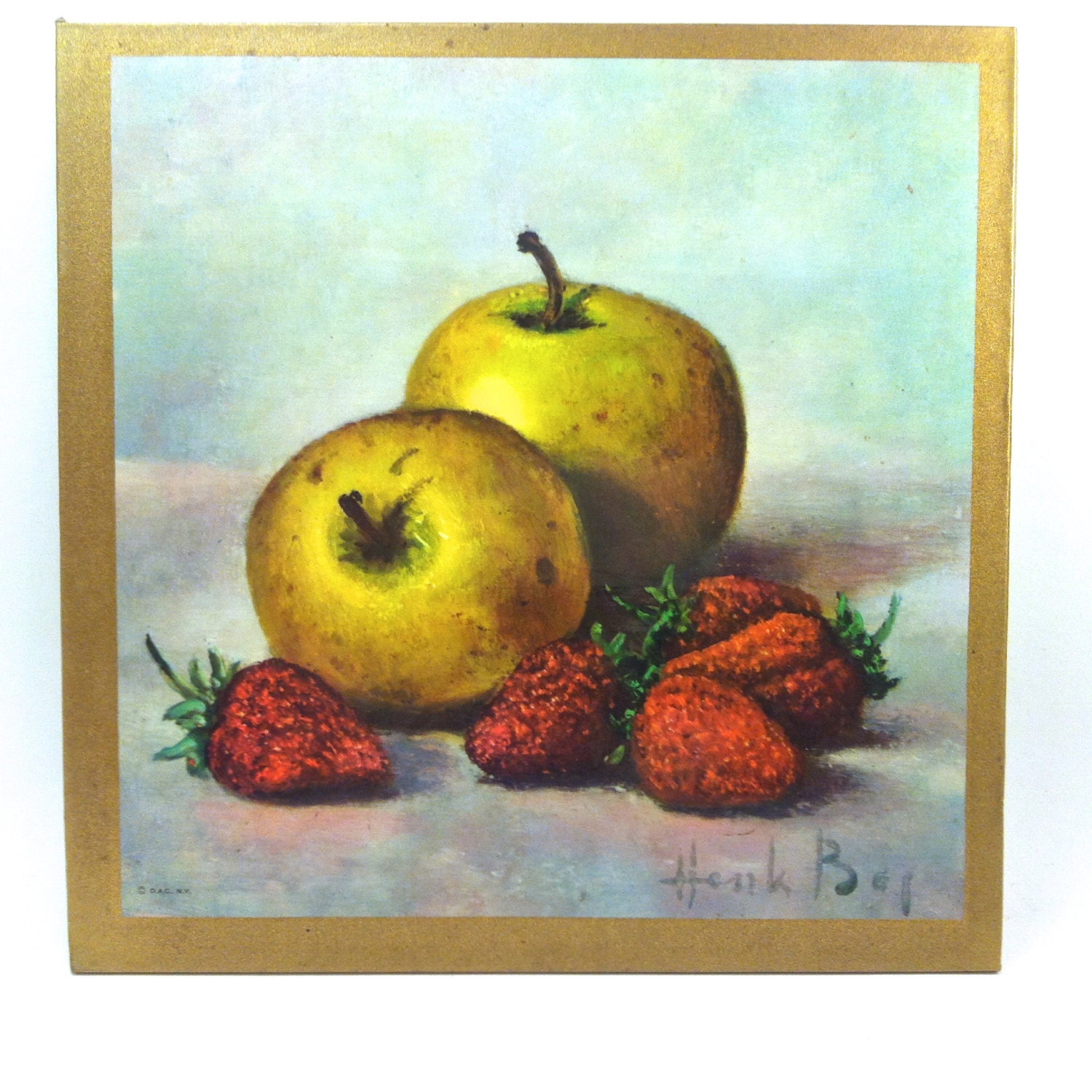 Henk Bog Hank Bos Apple Plaque Trivet Fruit Strawberry Art Gold lined green velvet backing Still life kitchen piece