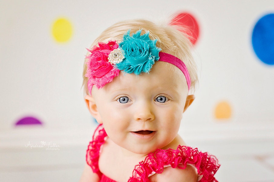 Hot pink and Turquoise  Headband Baby Headband Shabby Chic double Headband baby bow newborn headband toddler headband