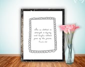 Bible Verse Printable, Scripture Print Christian wall art decor poster, typography - Proverbs 31:25 she is clothed in